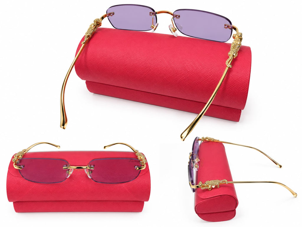 Purple Rimless Rectangular Sunglasses with Gold-Tone Temples