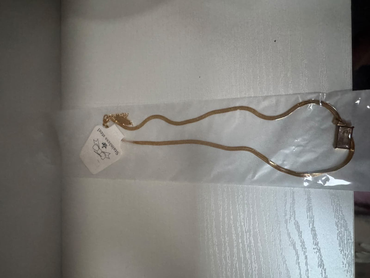 Gold-Tone Flat Chain Necklace with Rectangular Detail