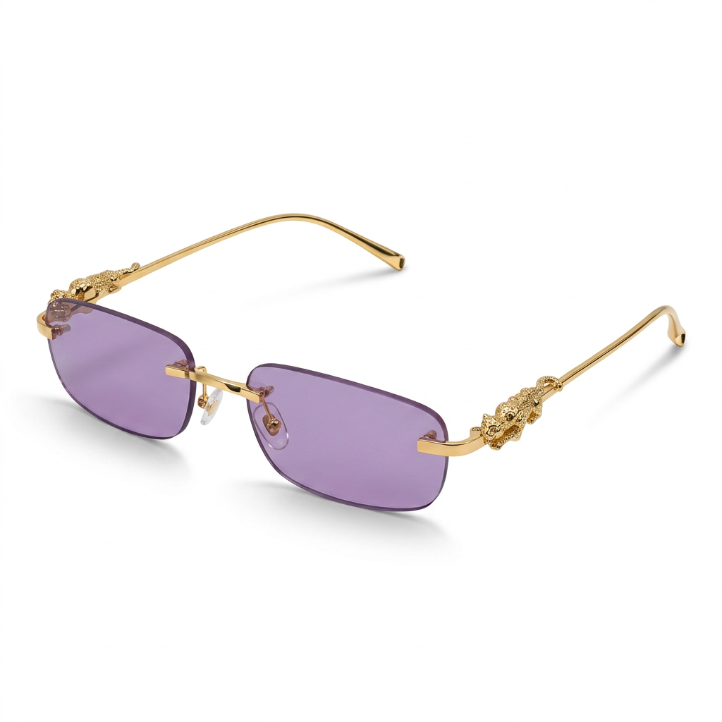 Purple Rimless Rectangular Sunglasses with Gold-Tone Temples