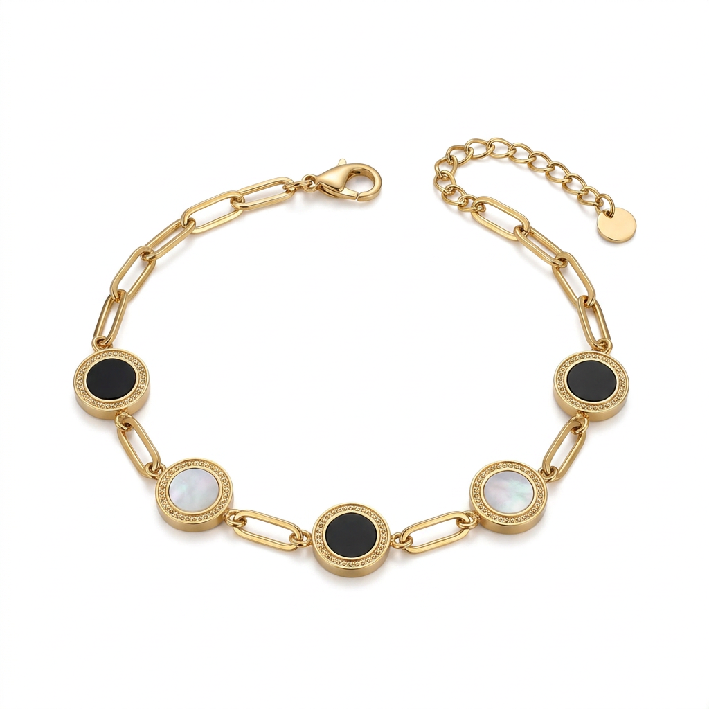 Gold-Tone Link Bracelet with Black and Light Circular Accents